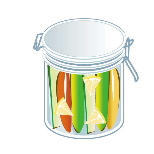 蓋つきの瓶の中に入っているカラフルな野菜ピクルスのイラスト