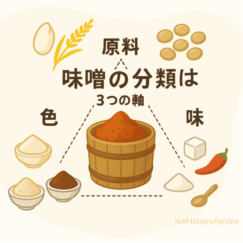 味噌を3つの軸(原料・麹の種類・色)で整理した分類図