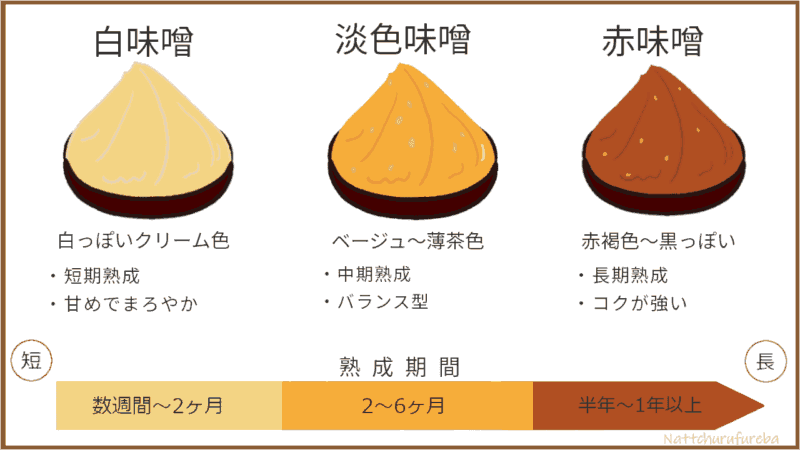 味噌の色の違い(白味噌・淡色味噌・赤味噌)を熟成期間とともに示した図解
