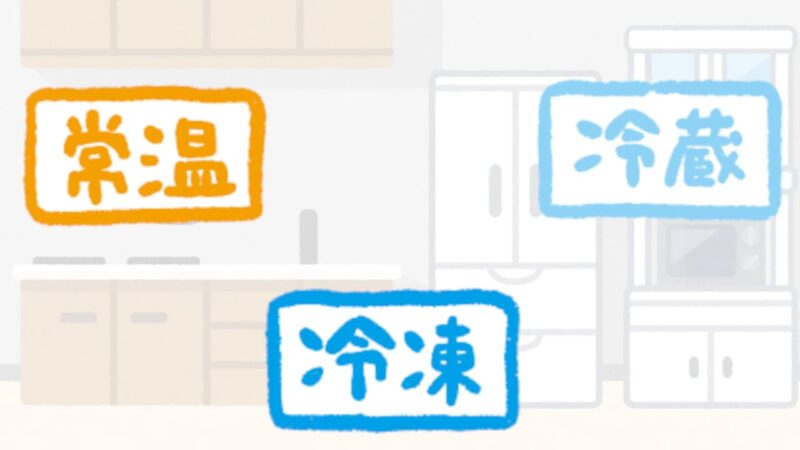背景画像にキッチン空間があり冷凍や冷蔵のアイコンが並べられたイラスト
