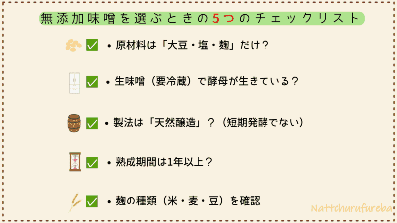 「無添加味噌を選ぶときの5つのチェックリスト」を示す図解。原材料・添加物・発酵期間・麹の種類・保存方法の5項目をイラスト付きでまとめた無添加味噌選びの基本ガイド。