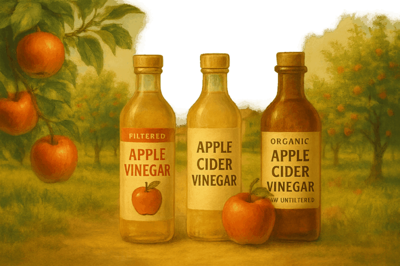 西洋風のりんご農園を背景に、アップルビネガー瓶3本と赤りんごが並ぶ油絵風イラスト。市販・無添加・有機タイプの違いをやさしく伝える構成
