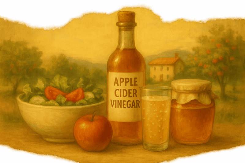アップルビネガー瓶と赤りんごを中心に、洋風サラダ・炭酸水・はちみつ瓶が並ぶ油絵風イラスト。料理や飲み方のイメージをやさしく伝える構成