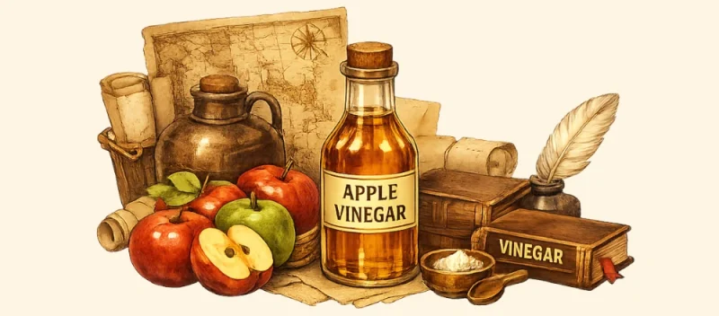 アンティーク調の机の上に、アップルビネガーの瓶、りんご、酢がめ、古い本や巻物などが並ぶ、りんご酢の基礎を表すイラスト。