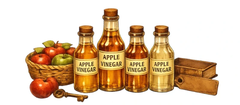 背景のないアンティーク風イラストで、アップルビネガーの瓶が4本並び、横にりんごとかごが添えられている。