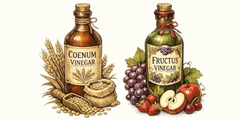 ビンテージ風の瓶に入った穀物酢と果実酢が並んでいるイラスト