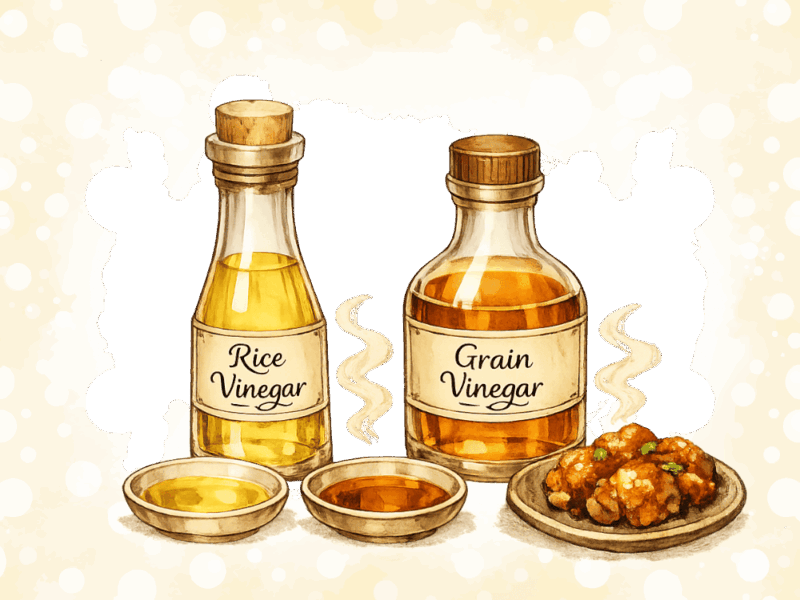 米酢と穀物酢の瓶と小皿|色や香りの違いをアンティーク風に表現したイラスト