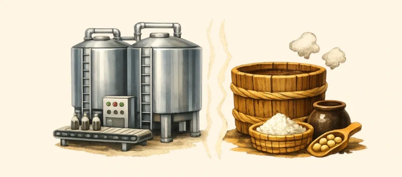 大量生産の金属タンクと、伝統製法の木桶を対比したイラスト。中央にギザギザの境界線が入り、現代と昔の製法の違いをやさしく表現