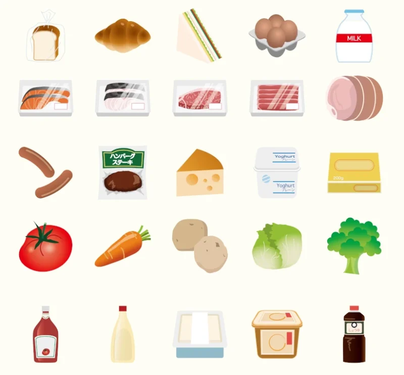 さまざまな食品が縦横に規則的に並んでいるイラスト