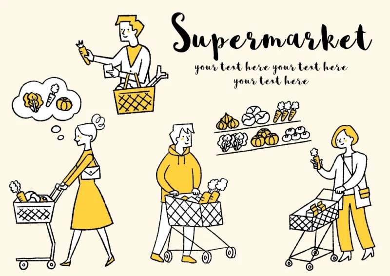 スーパーで買い物かごやカートを押している人々を描いたイラスト