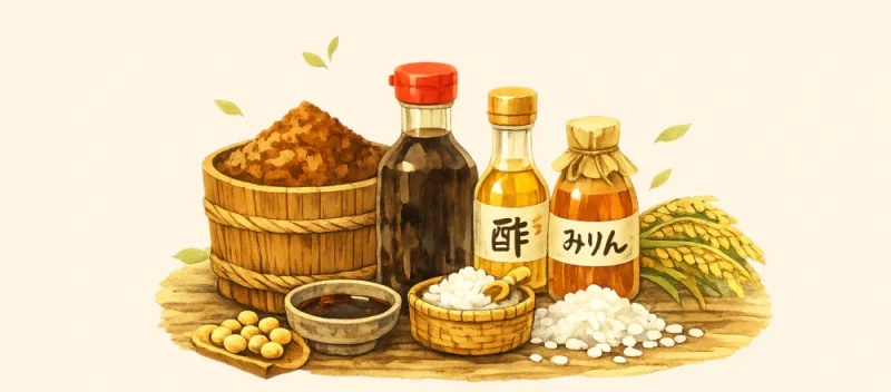 無添加の和風調味料セットをイラストで表現。味噌、醤油、酢、みりん、塩、米、大豆、米麹などの素材が木桶や瓶にやさしく描かれている