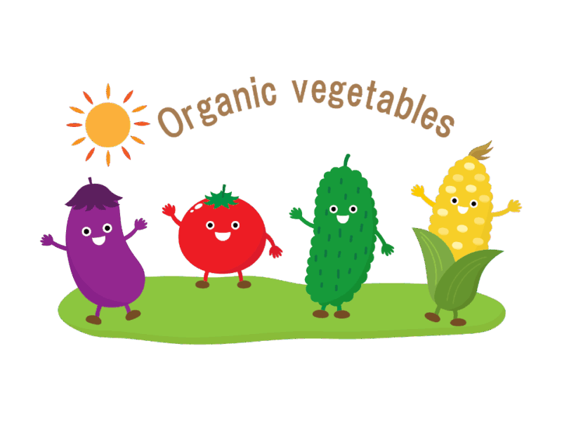 野菜キャラクターたちが横に並んで手を振っているイラスト