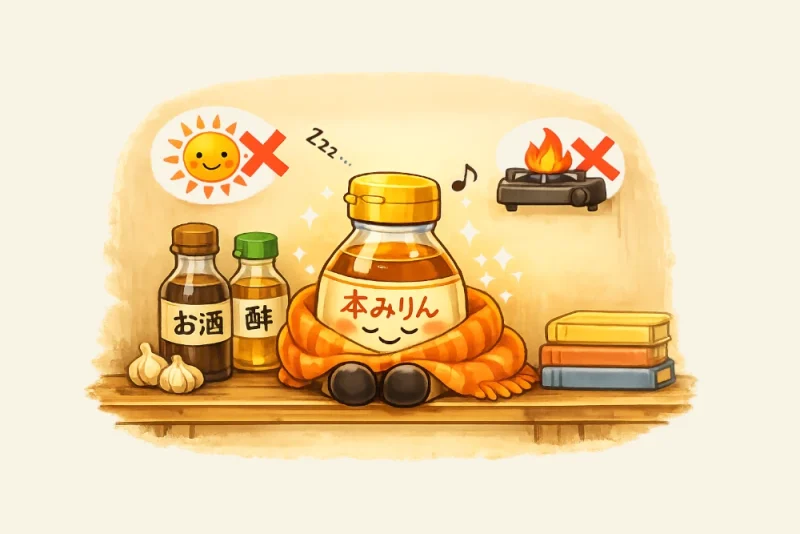 本みりんの瓶が木の棚でぬくぬくと眠っている様子を描いた、冷暗所保存のイメージイラスト