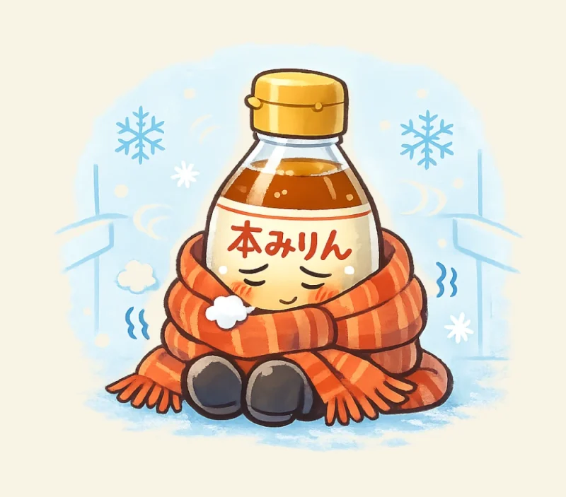 冷蔵庫で寒そうに丸まる本みりんの瓶を、冬眠に見立てて描いたイラスト