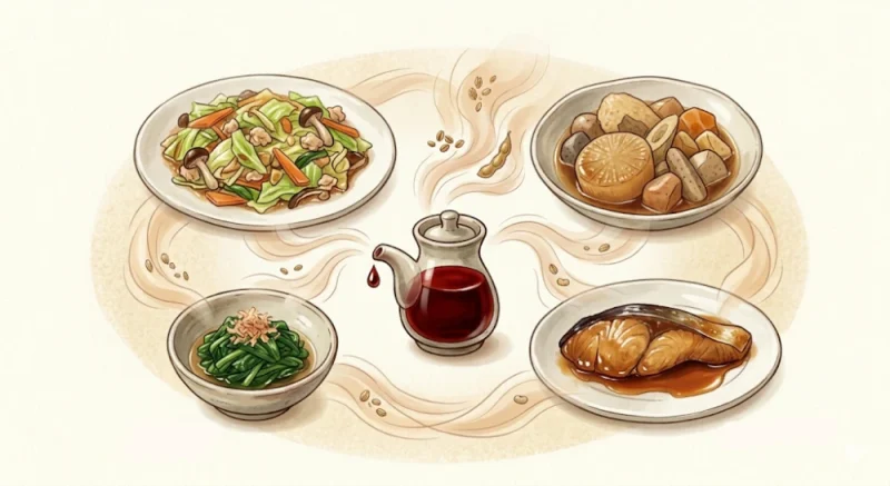 濃口醤油が料理に使われるシーンをやさしく表現したイラスト。
中央に醤油差しがあり、そこから広がる濃いめの琥珀色のしずくが、周囲の料理に自然になじんでいくイメージ。