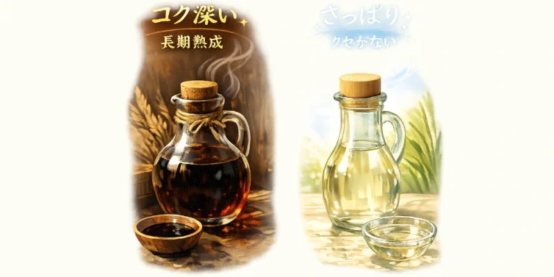 黒酢と米酢の違いを示すイラスト。左に濃い茶色の黒酢（コク深い・長期熟成）、右に透明感のある米酢（さっぱり・クセがない）が並び、色や特徴の違いを視覚的に表現している