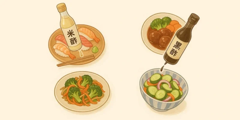 黒酢と米酢に合う料理をイラストで
示している。左に米酢に合う料理、右に黒酢に合う料理が並び、各料理付近に米酢と黒酢の瓶が置かれている