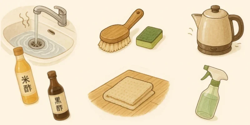 黒酢と米酢の意外な使い道を伝えるイラスト。雑巾やブラシ、洗面所のイメージ素材が散りばめられている