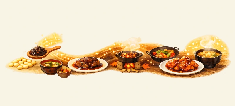 豆味噌一さじが和食・洋食・中華の料理をやさしく格上げする様子を描いたイメージイラスト