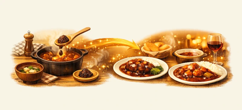 豆味噌をひとさじ加えることで、家庭のカレーやビーフシチューがまるでお店のような深みとコクに変わる様子を描いたイメージイラスト