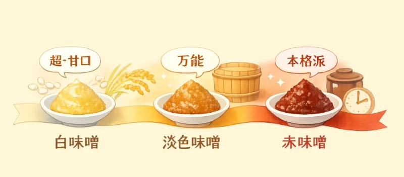 白味噌・淡色味噌・赤味噌を横並びに比較し、色の違いと味・熟成の関係をやさしく示した図解イラスト