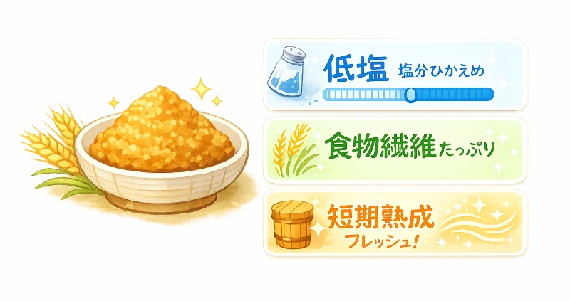 麦味噌の低塩・食物繊維・短期熟成の3つのヘルシーポイントをやさしくまとめた図解イラスト