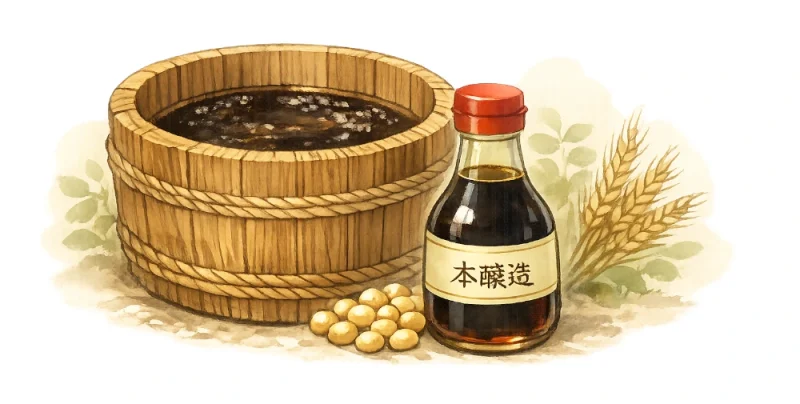 木桶と醤油瓶、大豆と小麦を添えたイラスト｜自然の恵みと伝統製法でつくられる無添加醤油のイメージ
