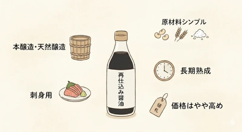 再仕込み醤油の選び方のポイント(本醸造・原材料・熟成期間・価格・刺身用表示)を示した図解イラスト
