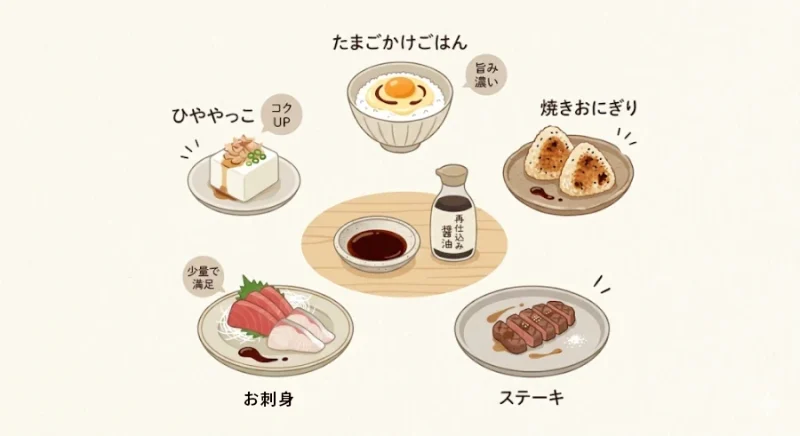 再仕込み醤油が刺身や冷奴、卵かけご飯などの料理に合う使い方を示したイラスト