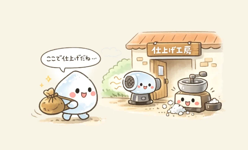 製塩工程を終えた塩の粒が、乾燥機と粉砕機のある工房に向かう様子を描いたイラスト。工程講座の締めくくりとして番外編への流れをやさしく示す。