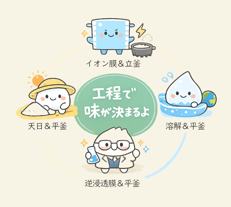 中央を囲むように、4つの製塩工程をキャラクター化したアイコンが円形に並び、それぞれの工程が生む味の特徴をやさしく示したイメージイラスト