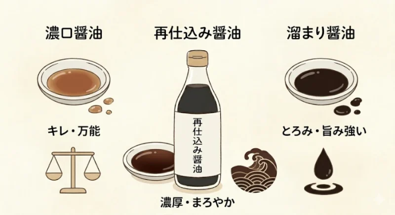濃口醤油・再仕込み醤油・溜まり醤油の違いを色や特徴で比較したイラスト