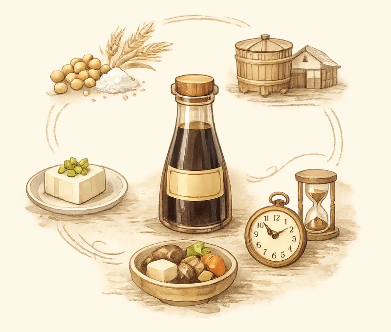 アンティーク風の淡いトーンで描かれた醤油瓶のイラスト。瓶のまわりに原材料・製法・熟成期間を示すアイコンが配置され、醤油選びのポイントをやさしく表現。