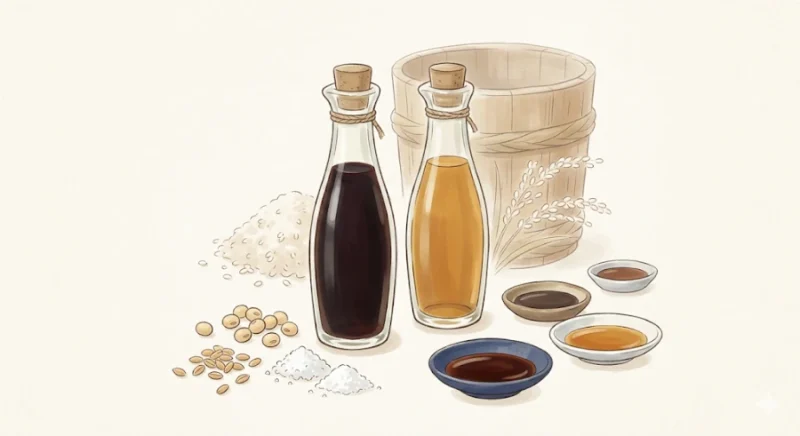醤油の原料である大豆・小麦・塩、木桶や麹、醤油の色の違いをやさしく表現したイメージイラスト
