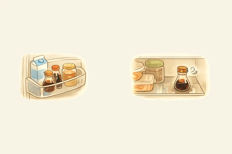 冷蔵庫のドアポケットと棚奥を上から見たイメージイラスト。醤油をドアポケットに置いた場合と棚奥に置いた場合の違いをやさしく示し、美味しさを守る保存位置を伝える構図