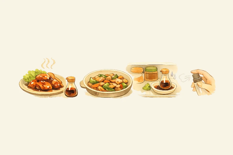 照り焼き・きんぴら・炒め物・つけだれ・スプレー香りづけなど、醤油を使い切るための料理アイコンを円形に並べたイメージイラスト。鮮度が落ちる前に活用する工夫をやさしく伝える構図