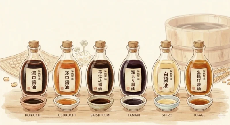 6種類の醤油を色の違いで並べたイメージイラスト。濃口・薄口・再仕込み・溜まり・白醤油・生揚げ醤油の全体像を示したもの