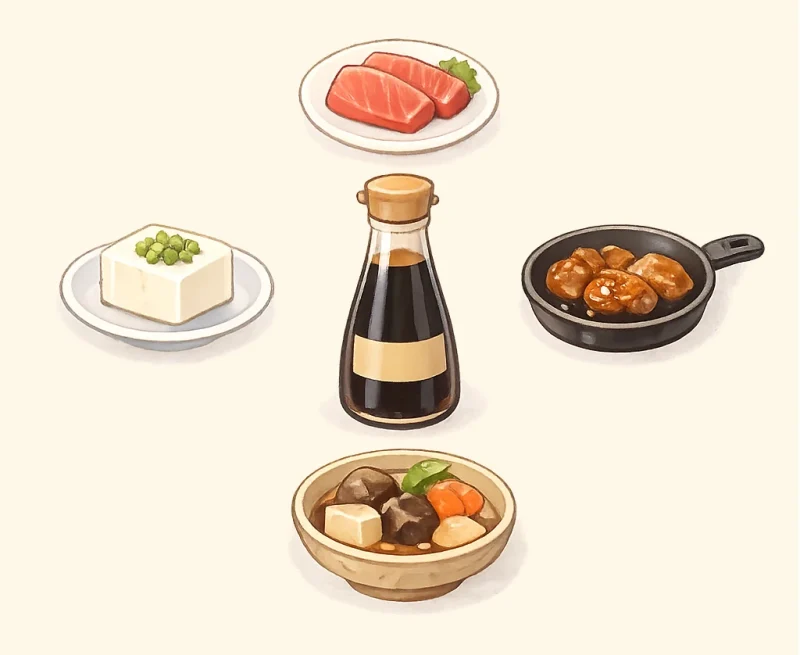 醤油瓶を中心に、お刺身・冷奴・照り焼き・煮物・うどんなどの料理アイコンが円形に並ぶイラスト。料理ごとに合う醤油の使い分けをやさしく示した構図。