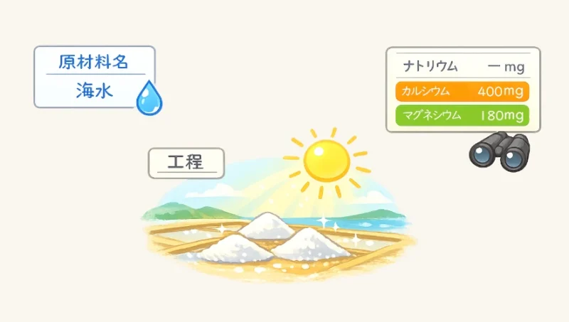 裏ラベルの原材料・工程・栄養成分表示の3つの見るポイントを、海水の原材料欄・天日塩の景色・栄養成分表の強調でわかりやすく示したイメージイラスト