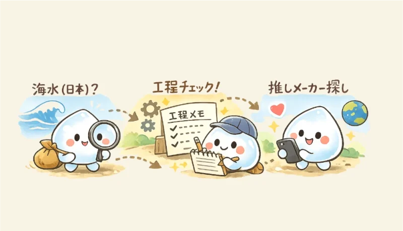 塩のラベルを持ったキャラクターが、「海水（日本）」「工程」「メーカー名」の3つのチェックポイントを旅するように読み解く様子を描いたイメージイラスト