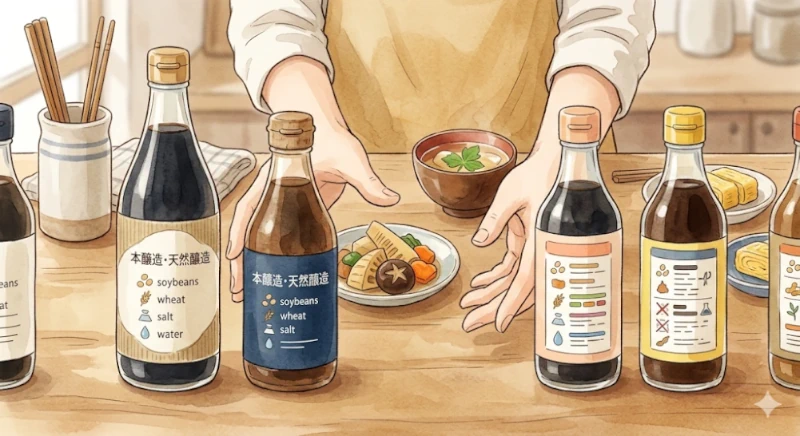 淡口醤油の原材料や製法を見比べて選ぶイメージイラスト