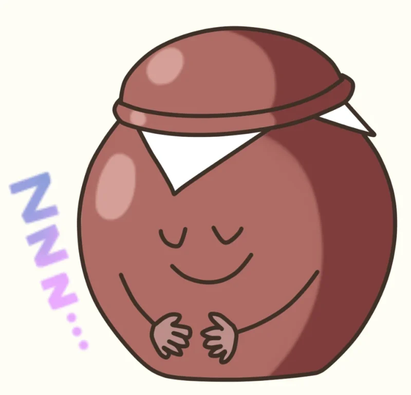 キャラクターの酢壺が熟成期間中に眠っている様子のイラスト