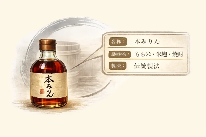 本みりんの裏ラベルを確認し、名称・原材料・伝統製法の3つのチェックポイントを示したイラスト