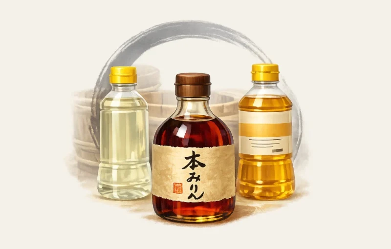 本みりん・みりんタイプ・みりん風調味料の3種類を、瓶の形と色の違いで直感的に理解できるイメージイラスト