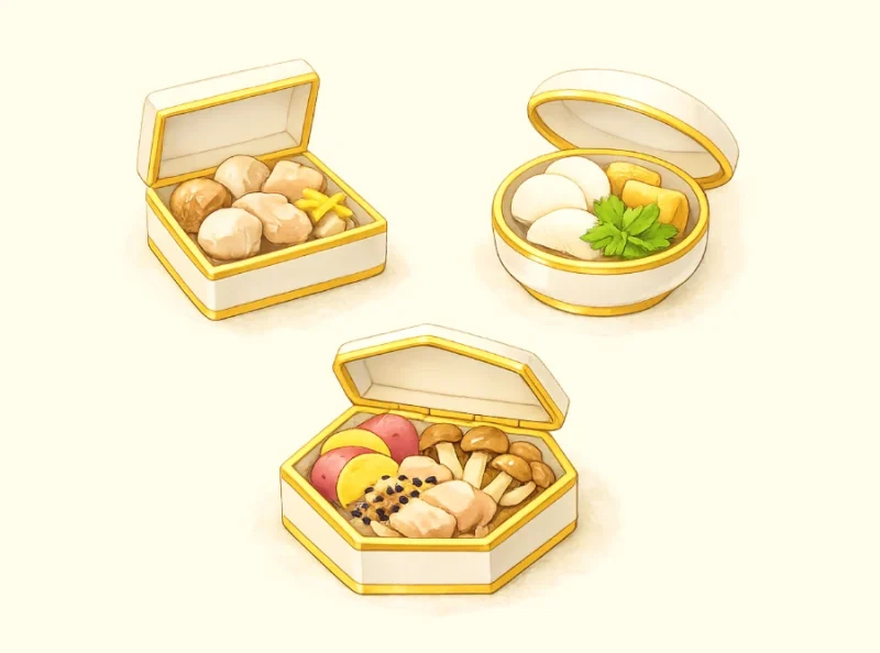白味噌に合う3つの組み合わせを宝石箱のように配置したイラスト
