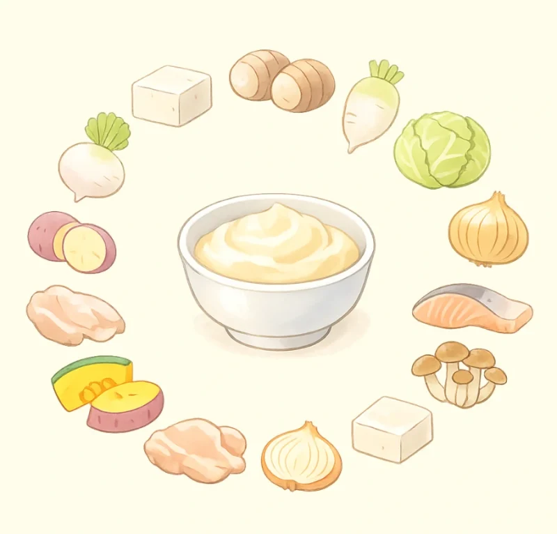 白味噌に合う具材10種類が円形に並んだ、やさしい色合いのイラスト