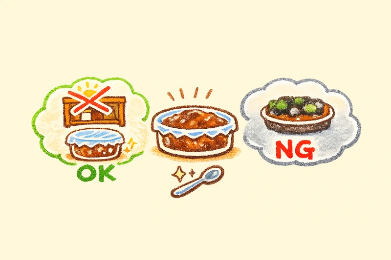 クレヨンタッチで描いた味噌の安全な変化と危険な変化の比較イラスト
